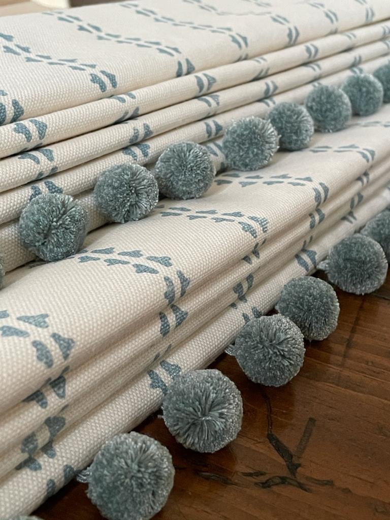 homemade blinds,quality blinds oxfordshire,duck egg blinds,pom pom edging,vanessa arbuthnott stripe fabric